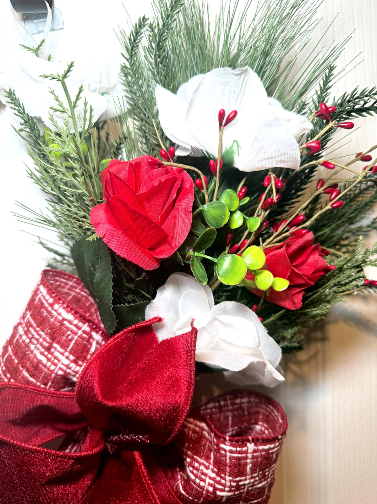 Valentine Heart Wreath with Red Velvet Bow and Silk Roses, Farmhouse Front Door Decor