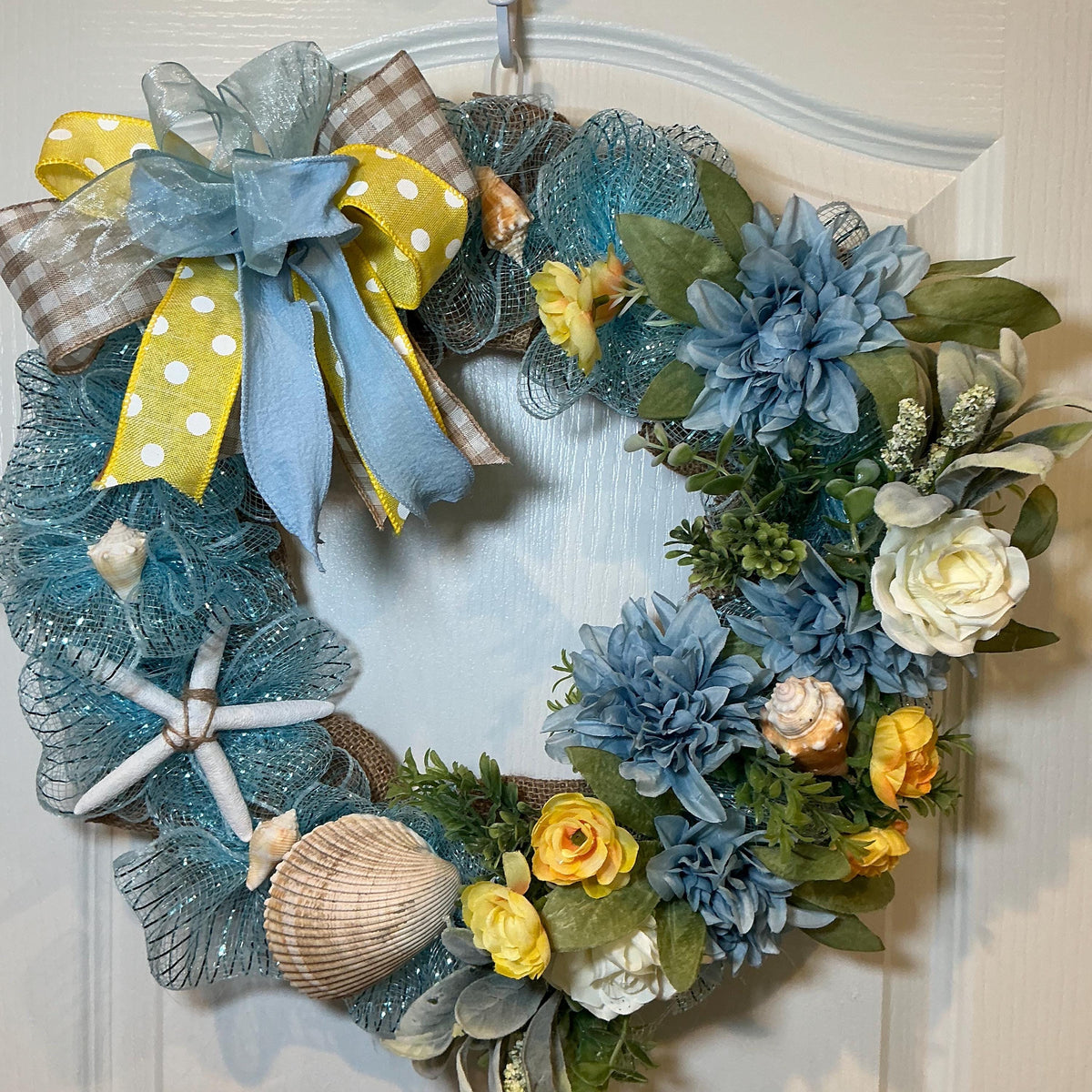 Heart Shaped Coastal Wreath with Dahlia, Ranunculus, Seashells and Starfish, Storm Door Decor