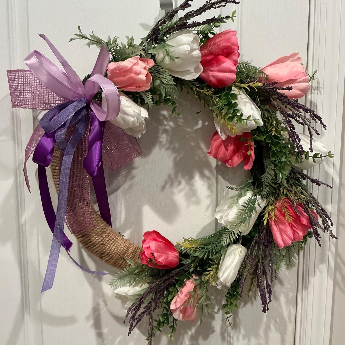 Handmade Tulip Wreath, 18 Inch Pink White Lavender Farmhouse Decor, Purple Ribbon Bow