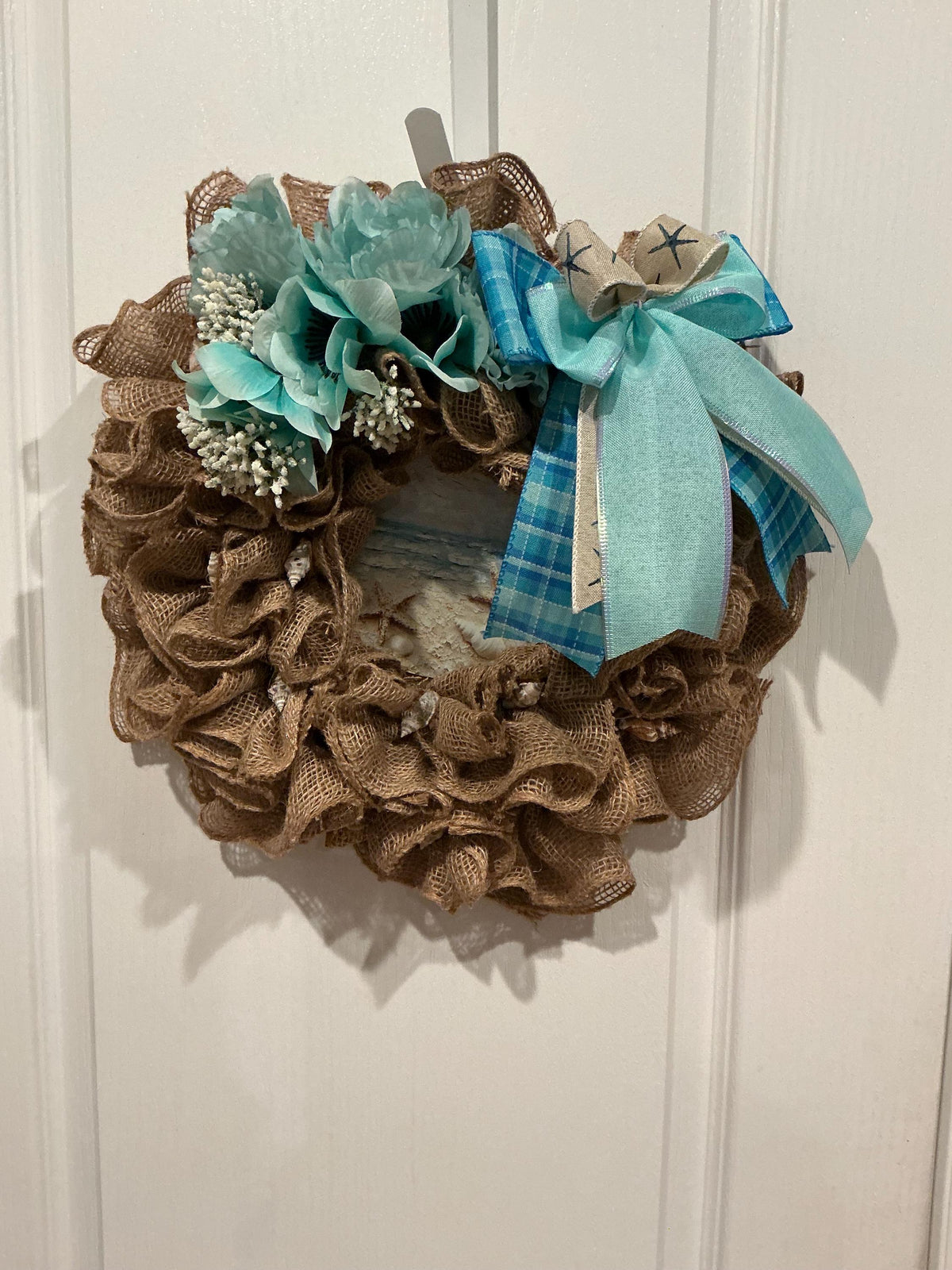 Coastal Burlap Wreath, Teal Aqua Seashell Sign, Nautical Beach Door Decor