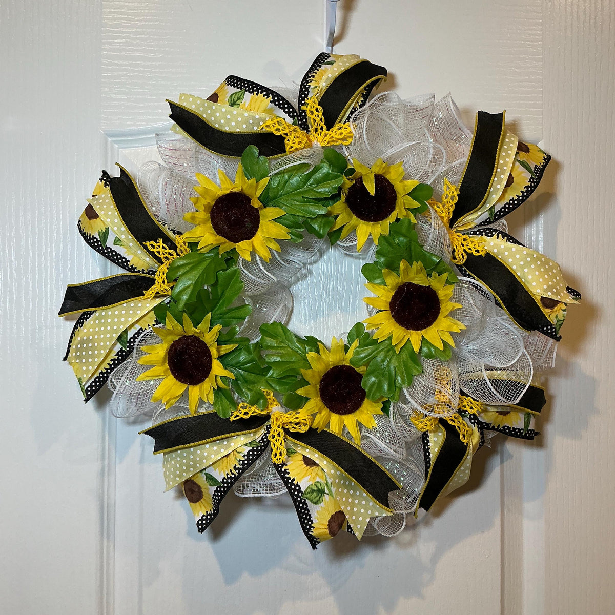 Sunflower Wreath, 12 Inch Black Yellow Polka Dot Bow on White Mesh