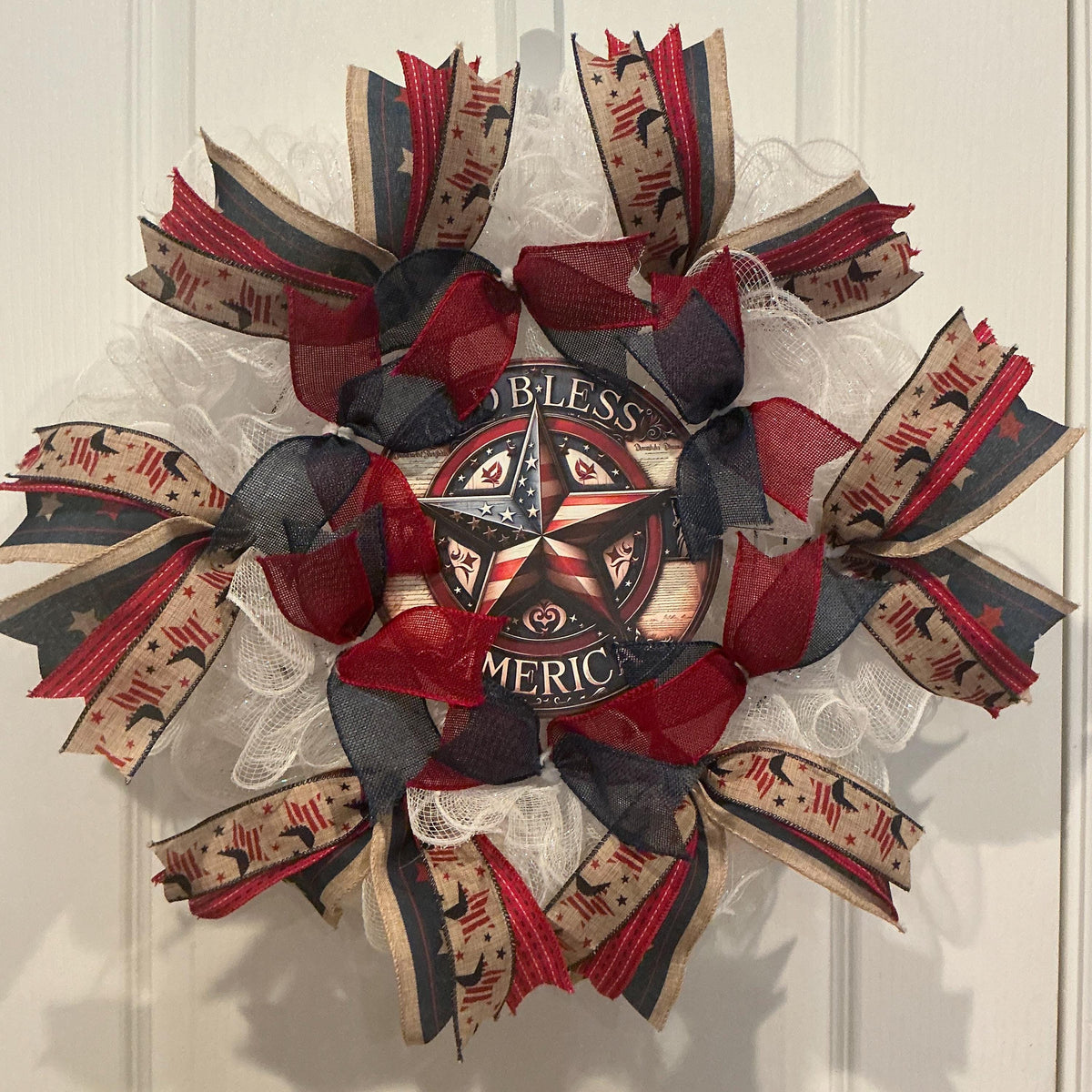 White Deco Mesh Starburst Wreath, God Bless America Wooden Sign, Americana Red White Blue 14 Inch