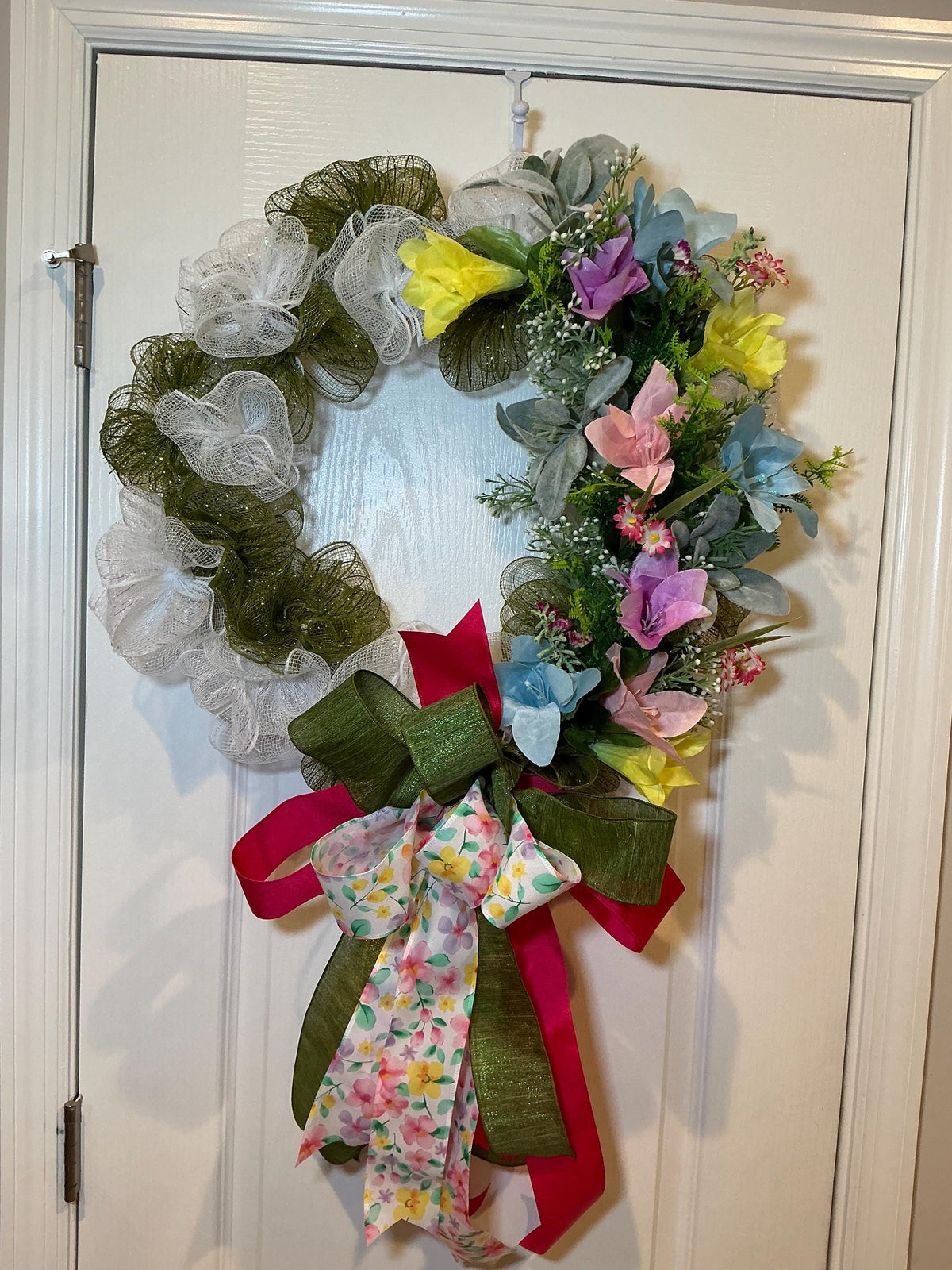 Spring Deco Mesh Wreath, Pastel Floral, Green and White Pancake Frame, 18 Inch Farmhouse Front Door Decor