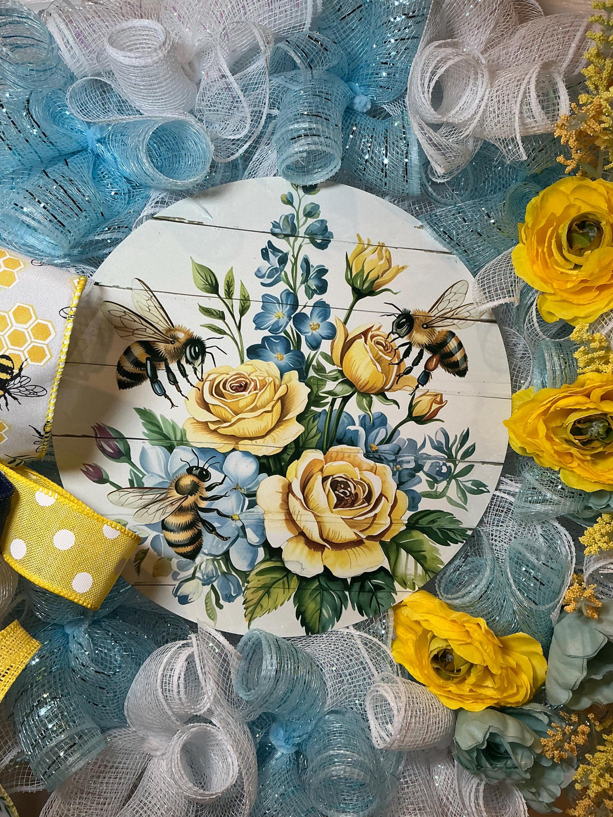 Bee Wreath for Front Door, Honeybee Floral Sign, Yellow Blue Summer Decor, Handmade