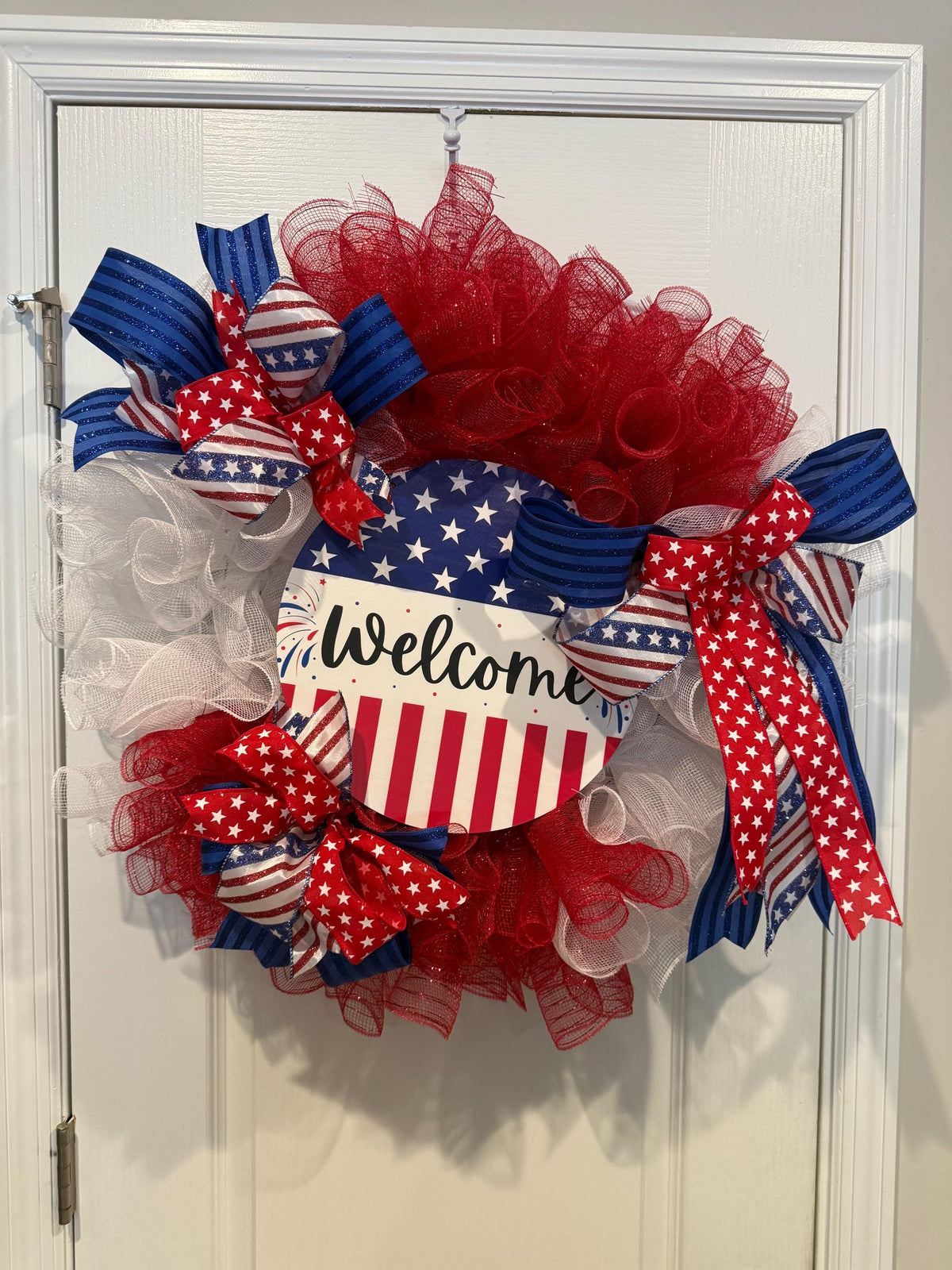 Handmade Americana Wreath, Red White Blue Welcome Sign, Independence Day Decor
