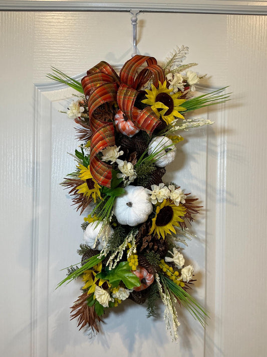 White Pumpkin Fall Door Swag, 20 Inch Sunflower Plaid Bow Farmhouse Decor