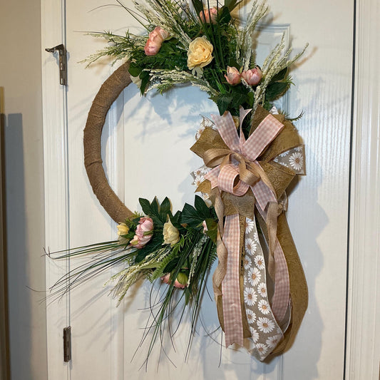 Pink Ranunculus Burlap Wreath, 18 Inch Cottage Garden Floral Door Decor