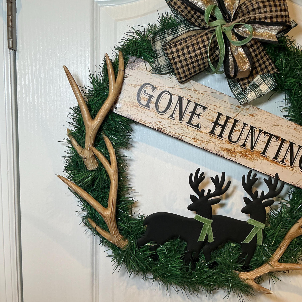 Gone Hunting Sign Wreath, Buck Silhouette Deer Man Cave Decor, Rustic Father’s Day Antler Gift