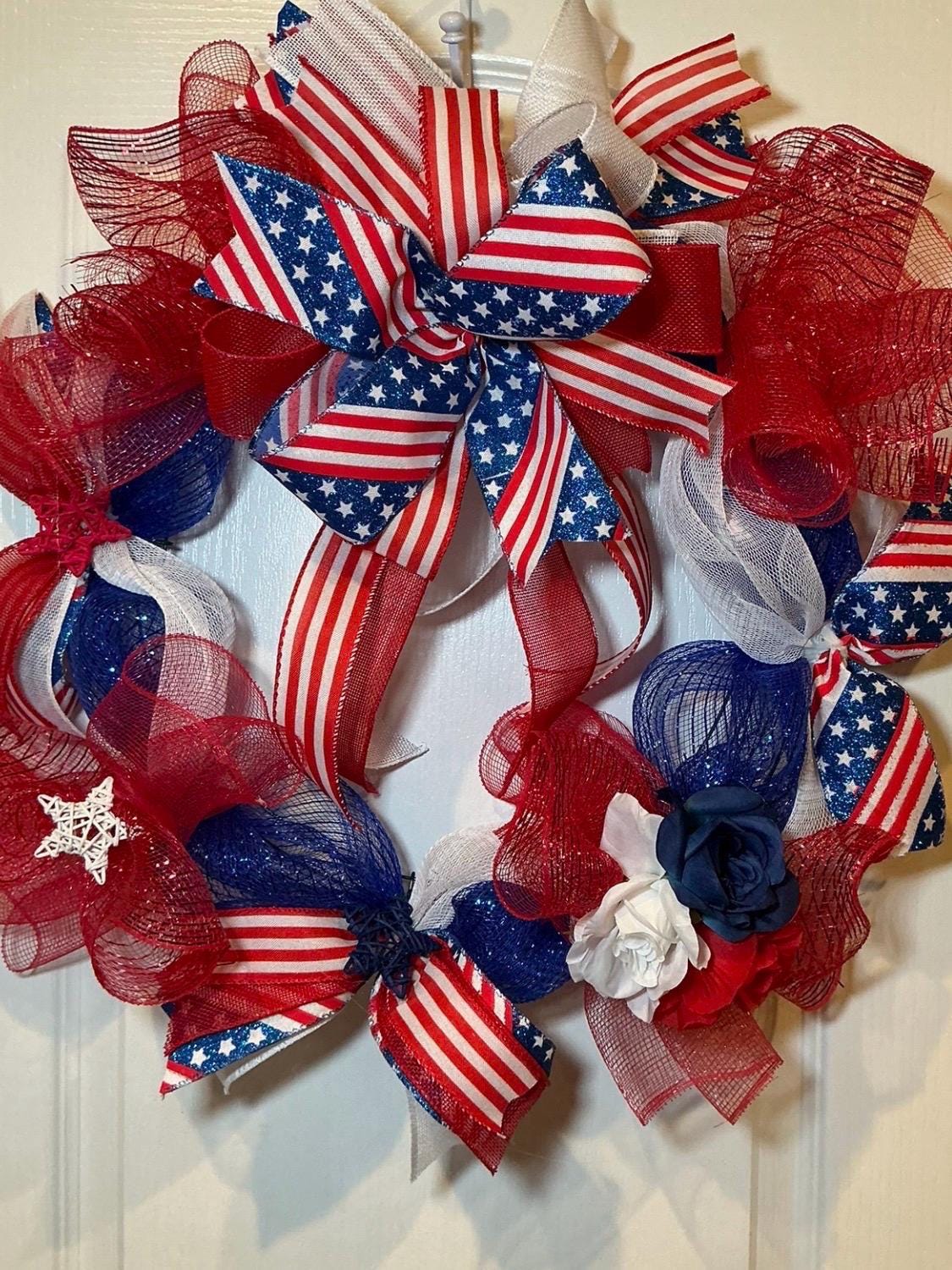 Red White Blue Flag Bow Rose Wreath, Stars and Stripes Americana Door Decor
