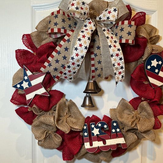 Rustic Burlap Bell Wreath, Star Heart Americana Decor, USA 250th Anniversary Red White Blue