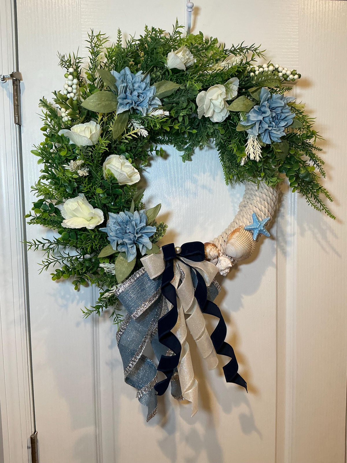 Blue Dahlia White Rose Coastal Wreath, Seashell Starfish, Navy Bow, Rope Base, 16 Inch Front Door Decor, Handmade