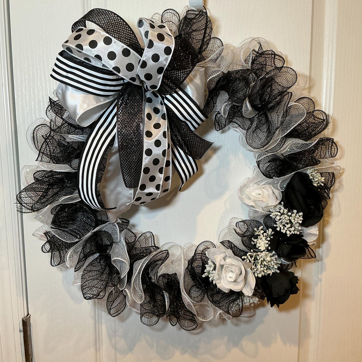 Black White Storm Door Wreath with White Roses and Polka Dot Bow, 18 Inch