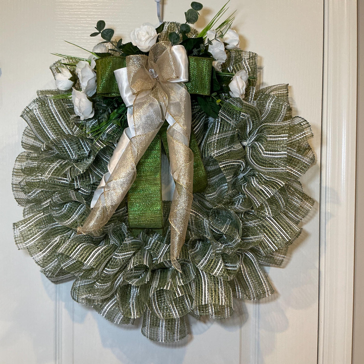 Sage Green Wreath with White Roses, Ivory Gold Bow, Farmhouse Decor