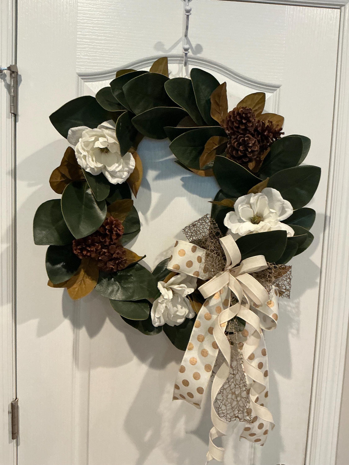 Magnolia Farmhouse Wreath, Everyday Front Door Decor, White Floral Pinecone Wreath, Rustic Year Round Accent, 18 Inch Door Wreath