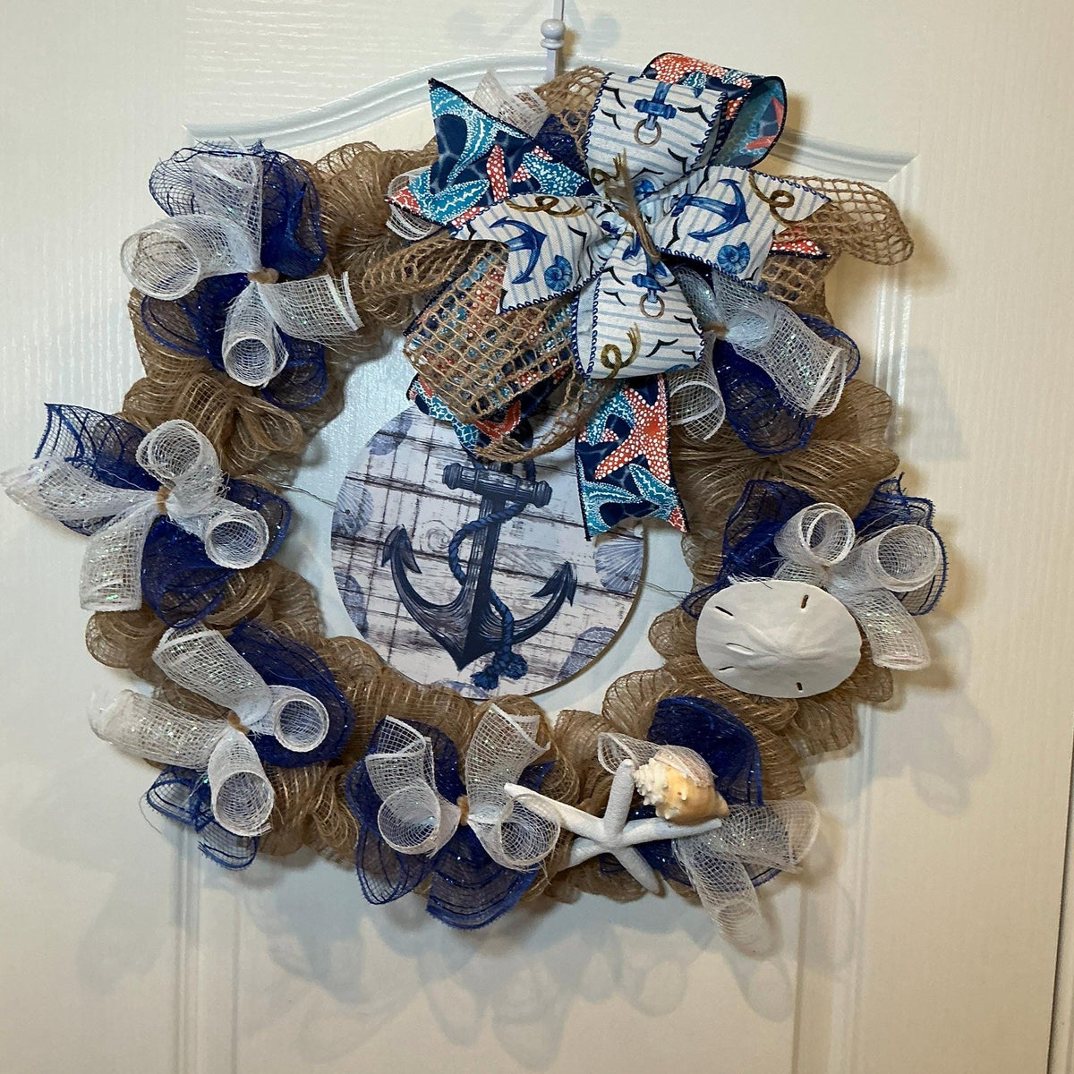 Coastal Anchor Wreath with Starfish and Sand Dollar, Navy Blue Nautical Door Decor
