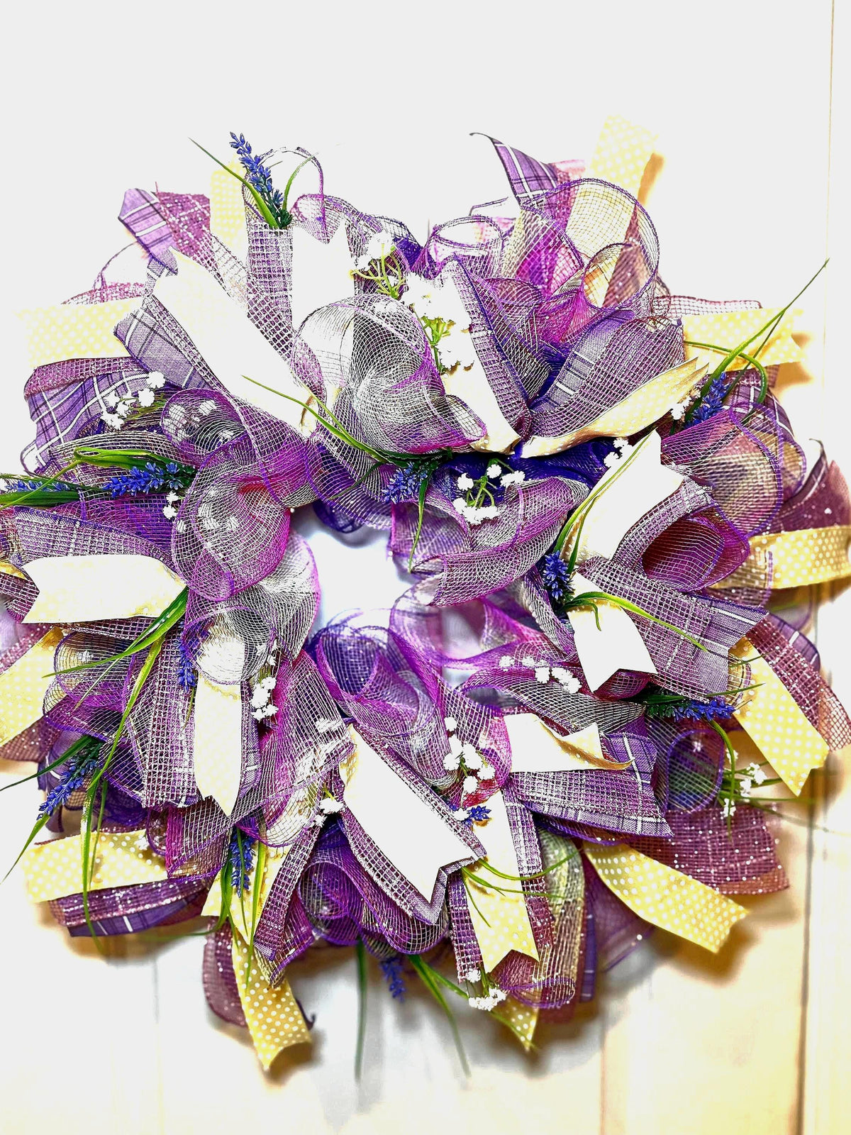 Purple Lavender Wreath, Farmhouse Style, Yellow Polka Dot Ribbon, Baby Breath Accents, 14 Inch