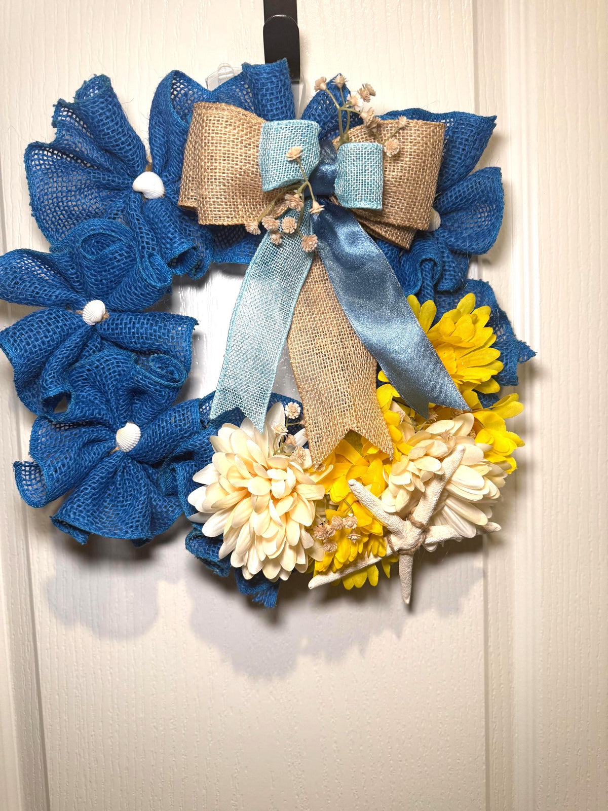 Blue Burlap Coastal Wreath, Starfish Shell Door Hanger, Nautical Beach Home Decor, Handmade  Wreath