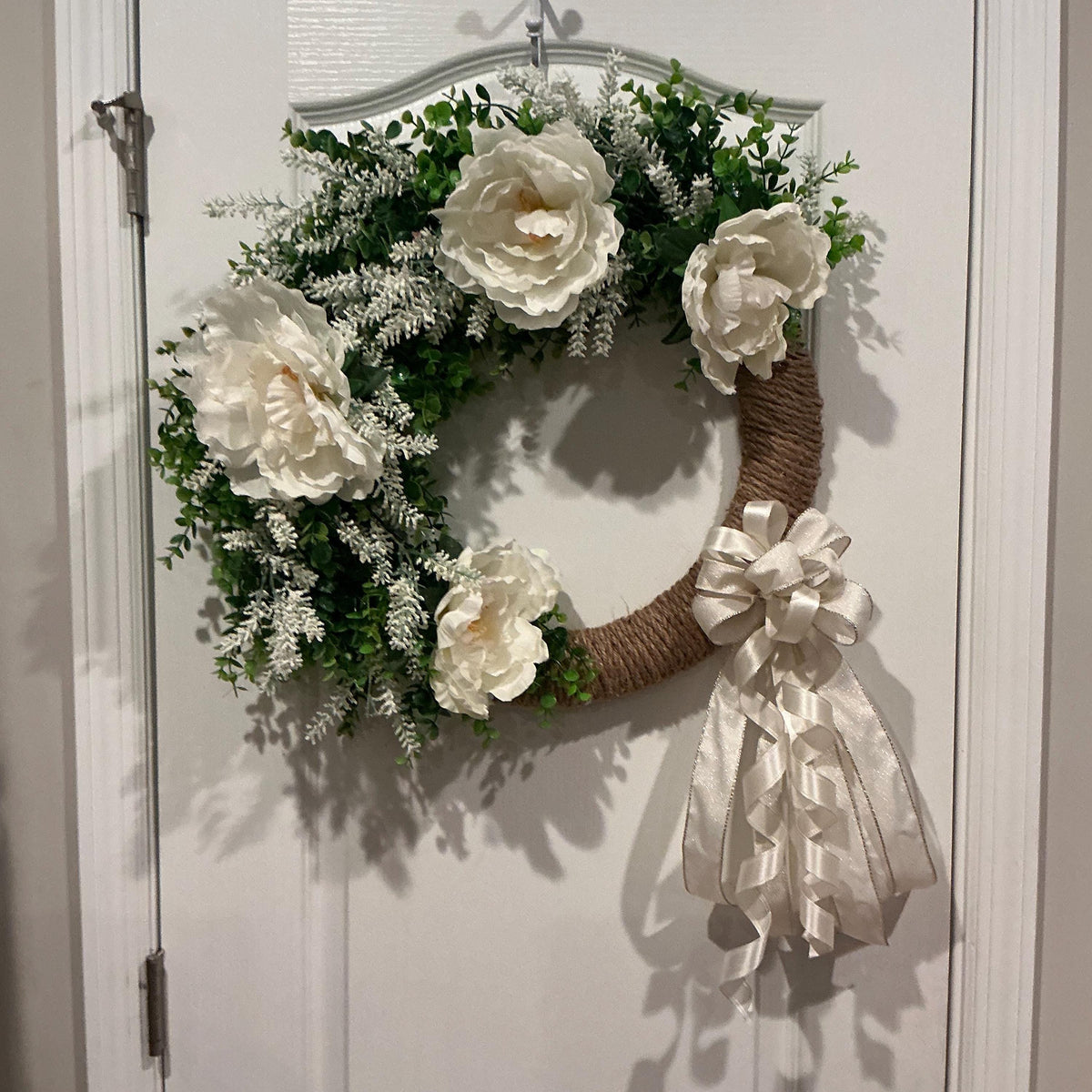 White Peony Wreath, Boxwood Ivory Bow Bridal Decor, Wedding Front Door Multi Purpose Elegance