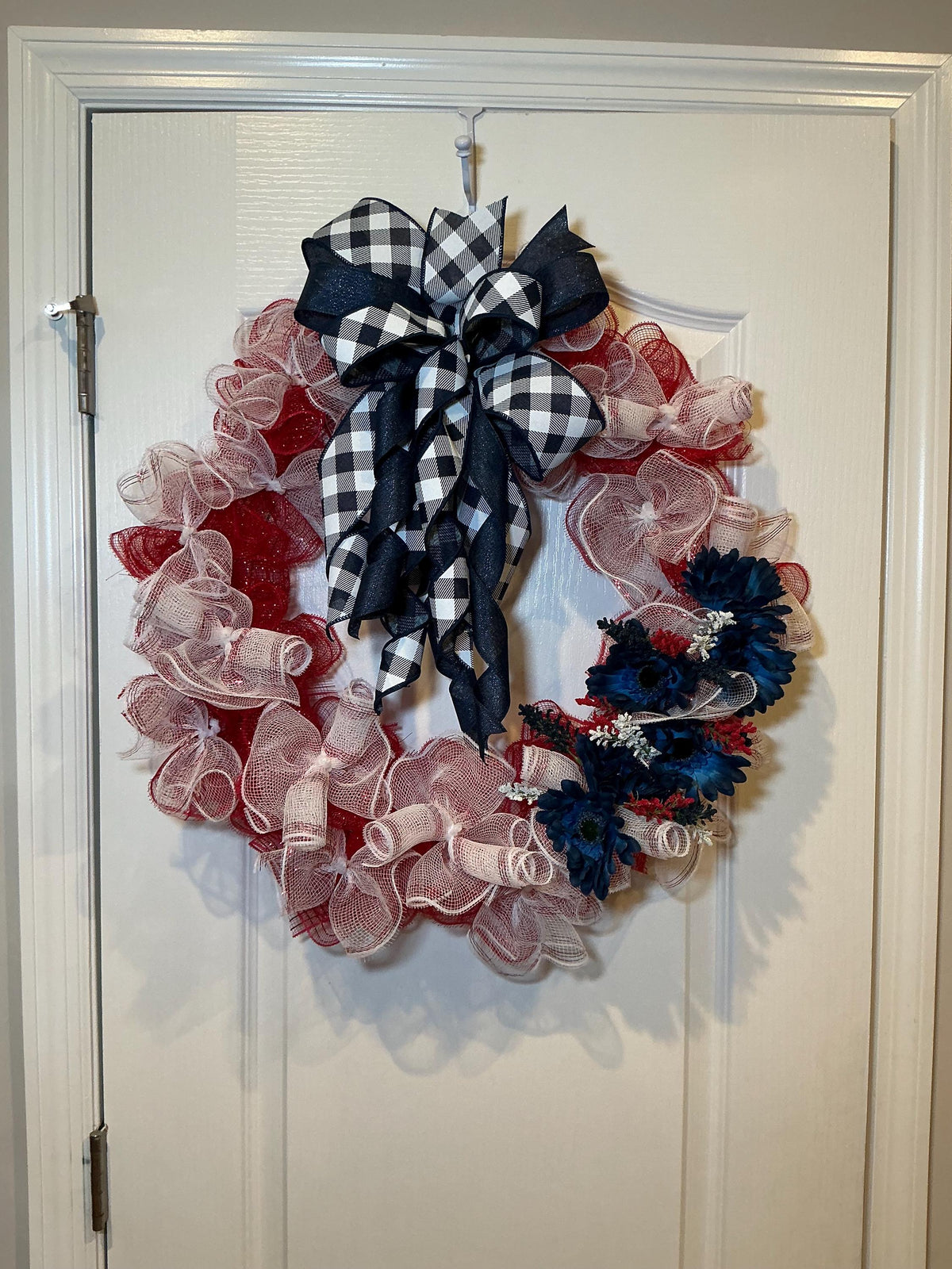 Buffalo Check Bow Wreath, Navy Daisy Red White Blue Deco Mesh, Fourth of July Americana Decor