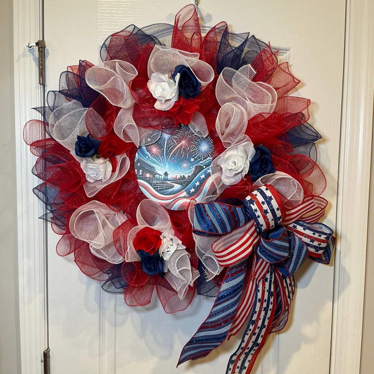 Fireworks Night Sky Sign Wreath, Americana Red White Blue Stars Stripes, 18 Inch Independence Day