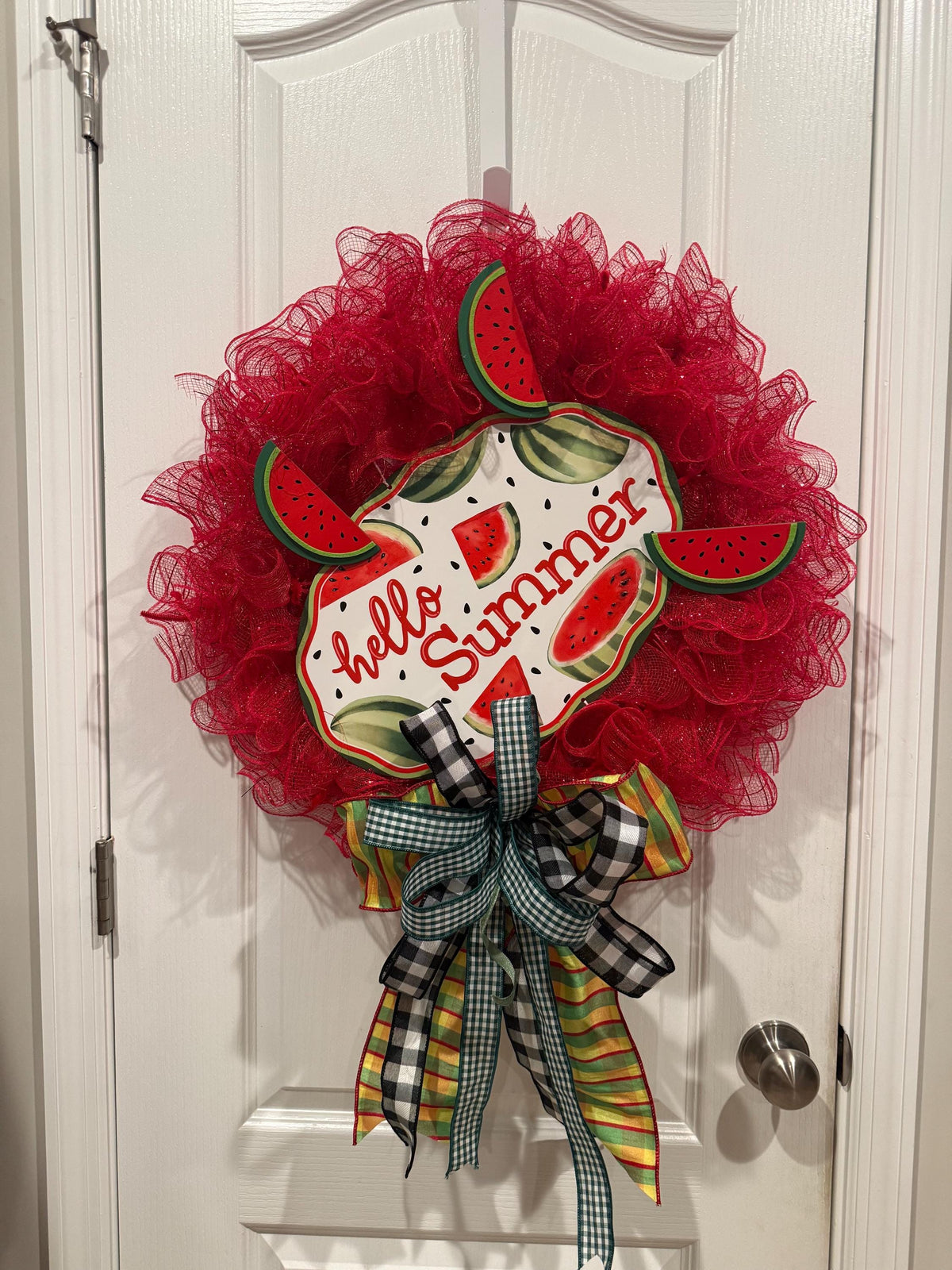 Watermelon Wreath, Hello Summer Door Decor, Buffalo Check Bow, Farmhouse Porch Accent