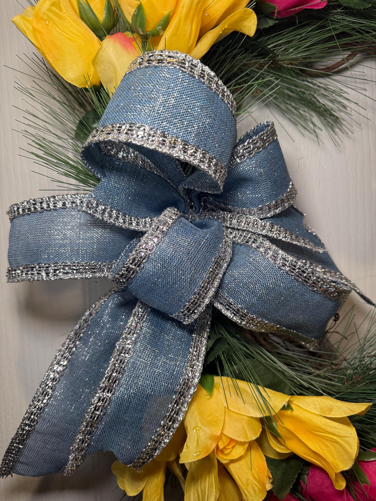 Floral Grapevine Wreath, Pink Yellow White Spring Decor, Blue Bow Farmhouse Style