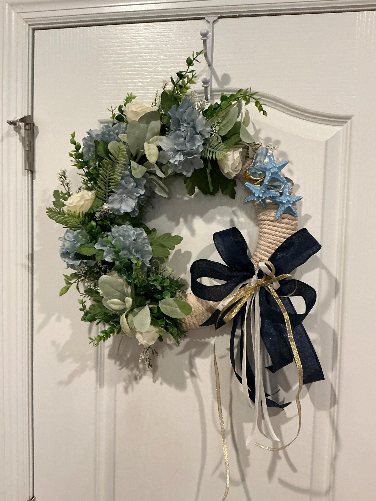 Oyster Shell Coastal Rope Wreath with Blue Hydrangea and Starfish, Nautical Door Decor
