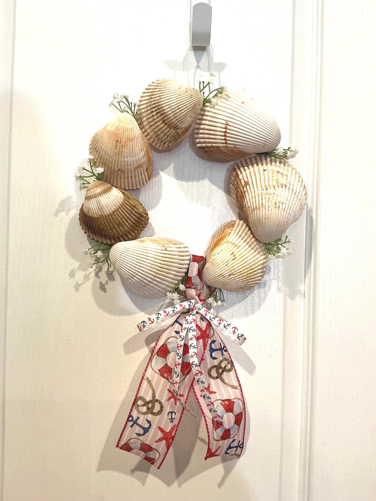 Seashell Wreath, Nautical Ribbon, Coastal Beach Decor, Door Hanger