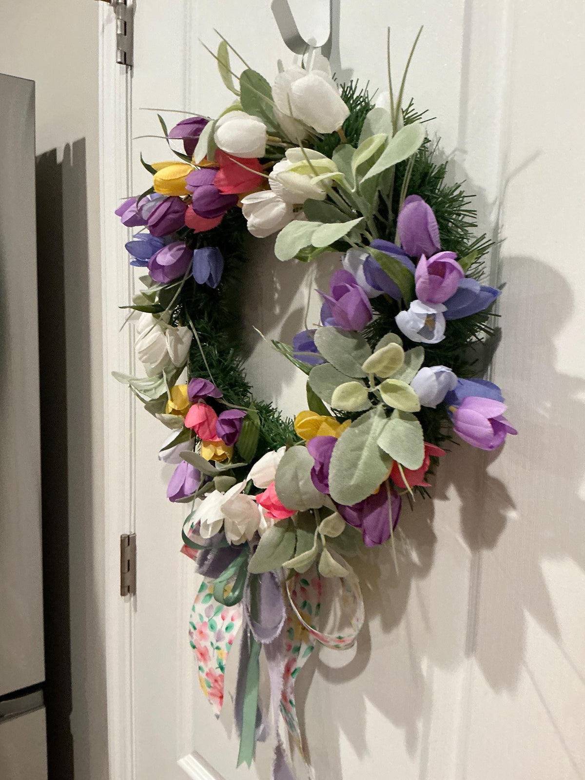 Purple Pink Yellow Tulip Spring Wreath, Farmhouse Floral Front Door Decor