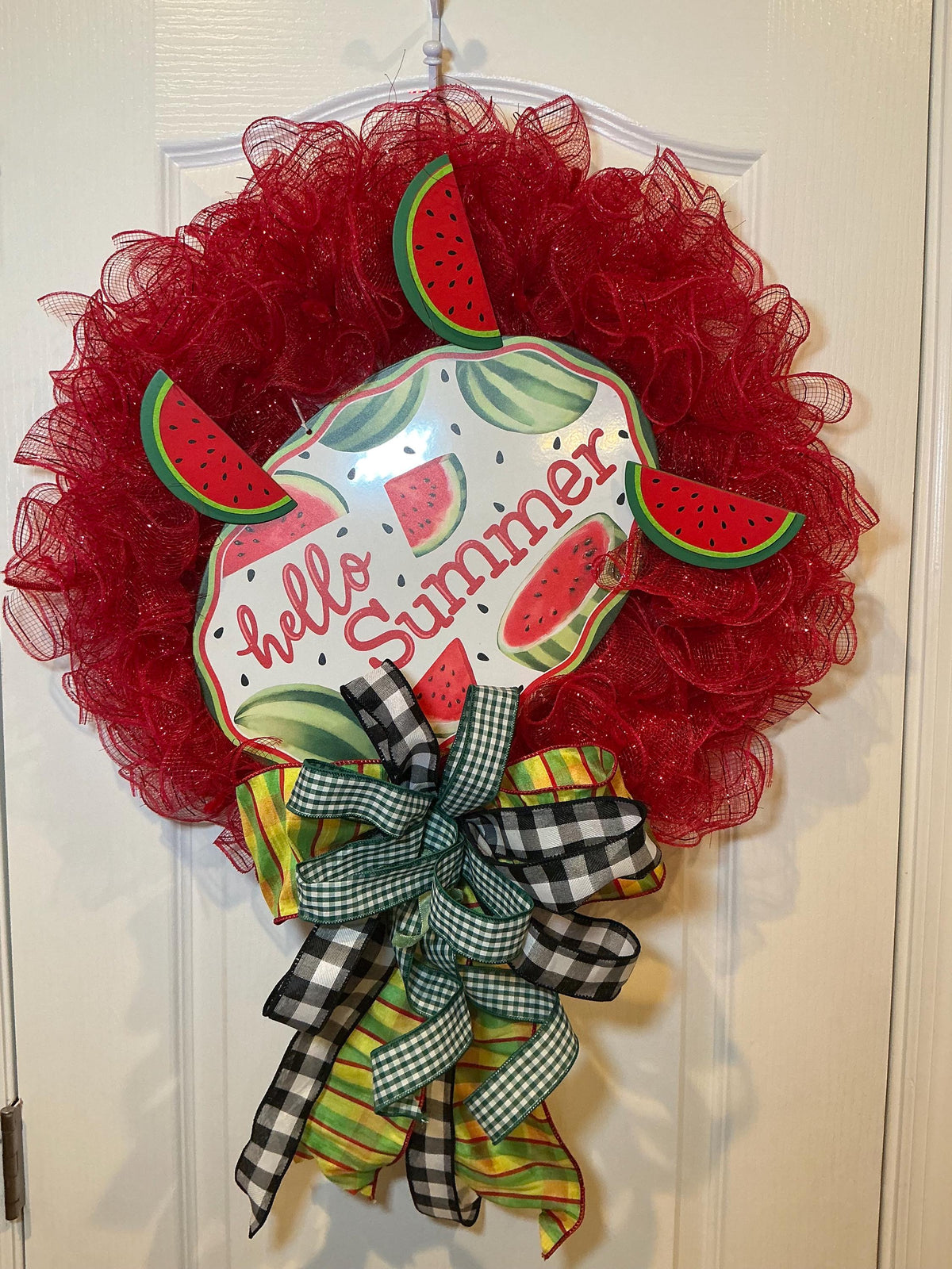 Watermelon Wreath, Hello Summer Door Decor, Buffalo Check Bow, Farmhouse Porch Accent
