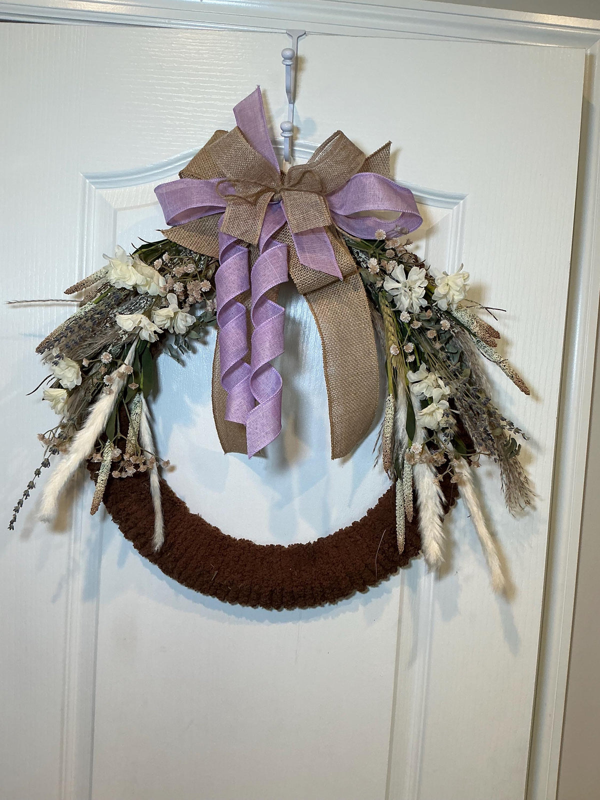 Dried Lavender Farmhouse Wreath with Brown Chenille Base and Burlap Bow, Year Round Door Decor