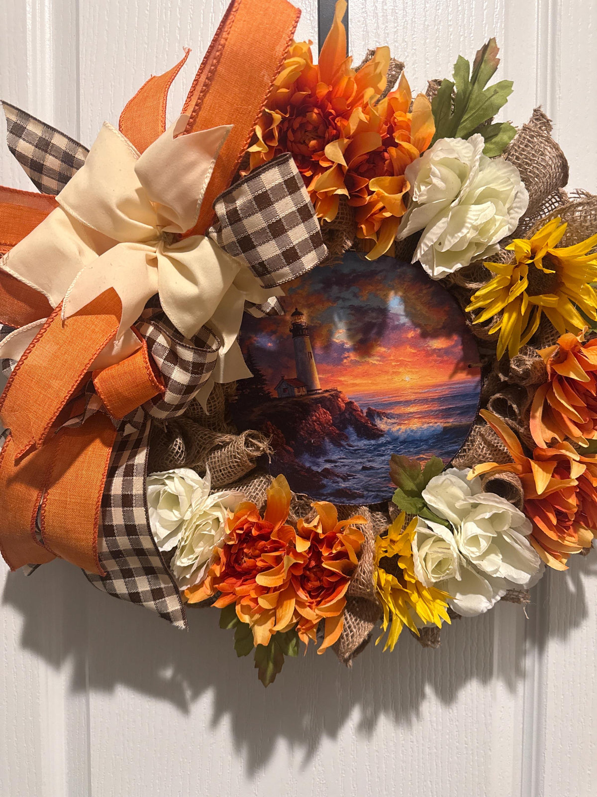 Lighthouse Sunset Coastal Wreath, 14 Inch Burlap Fall Door Decor