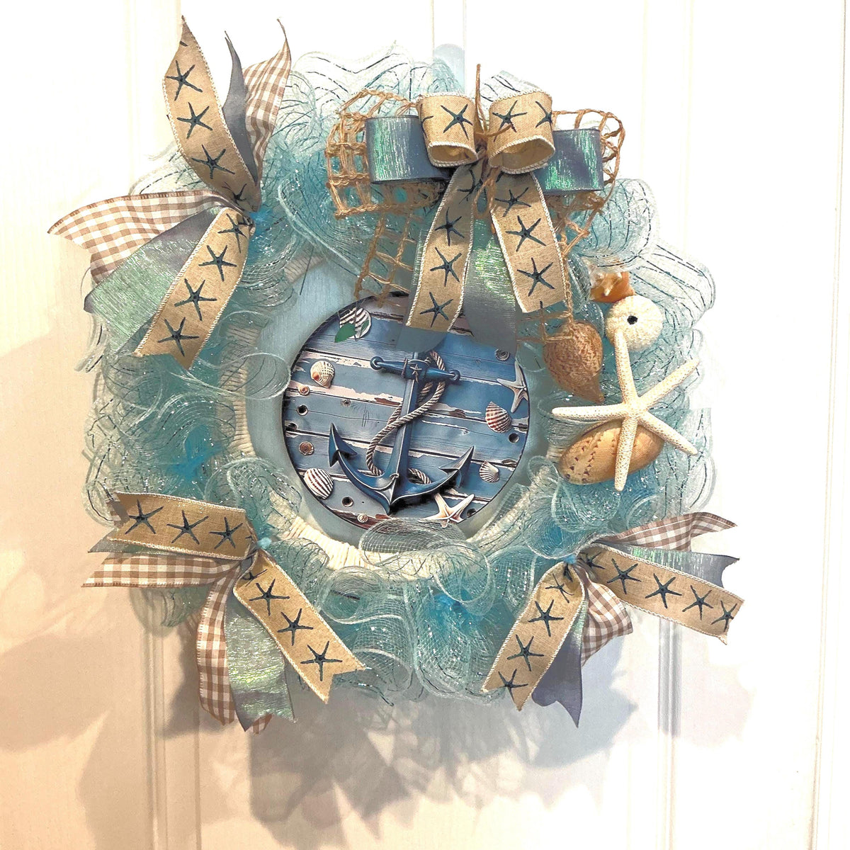 Ocean Blue Coastal Seashell Wreath with Starfish and Rope, Summer Front Door Decor