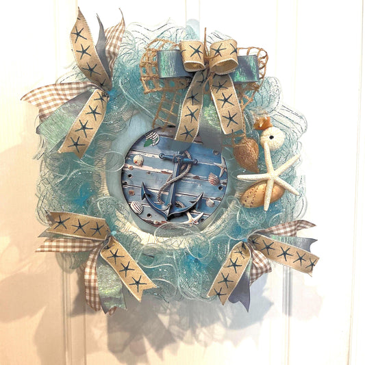 Ocean Blue Coastal Seashell Wreath with Starfish and Rope, Summer Front Door Decor