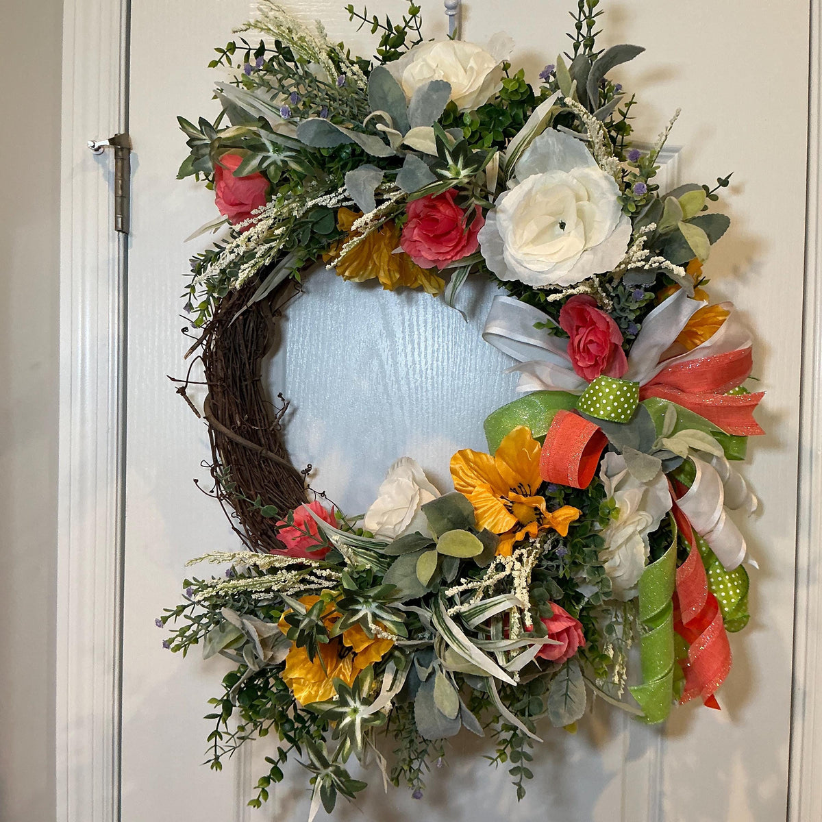 Grapevine Wreath, Coral Rose Sunflower Front Door Decor, Farmhouse Housewarming Gift, Mothers Day Wreath