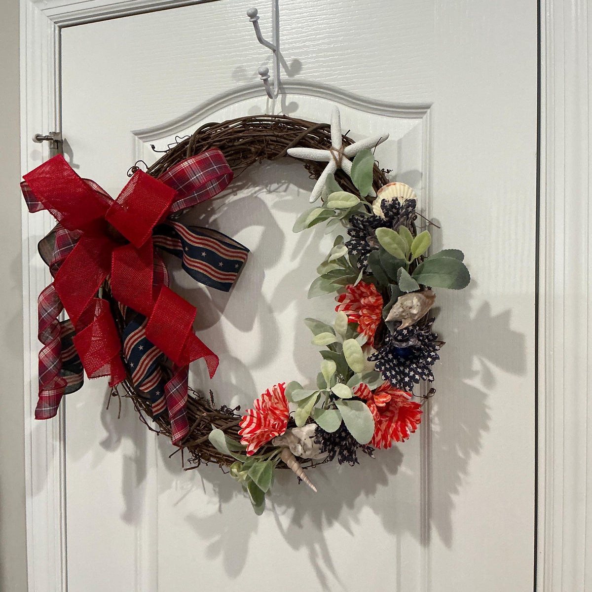 Grapevine Wreath, Patriotic Coastal Beach Decor, Seashells, Red Plaid Bow