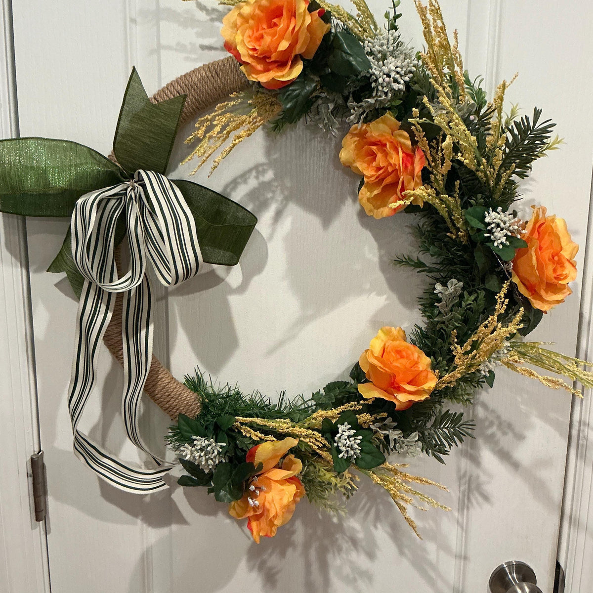 Farmhouse Spring Wreath, Orange Floral, Wheat Accent, Black White Bow