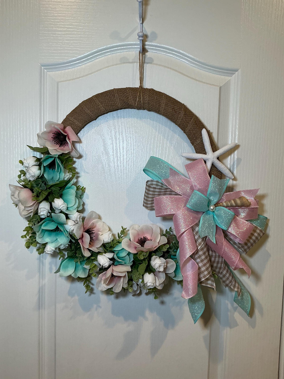 Blush Pink Aqua Coastal Wreath, Burlap Beach House Starfish, Spring Summer Front Door Wreath