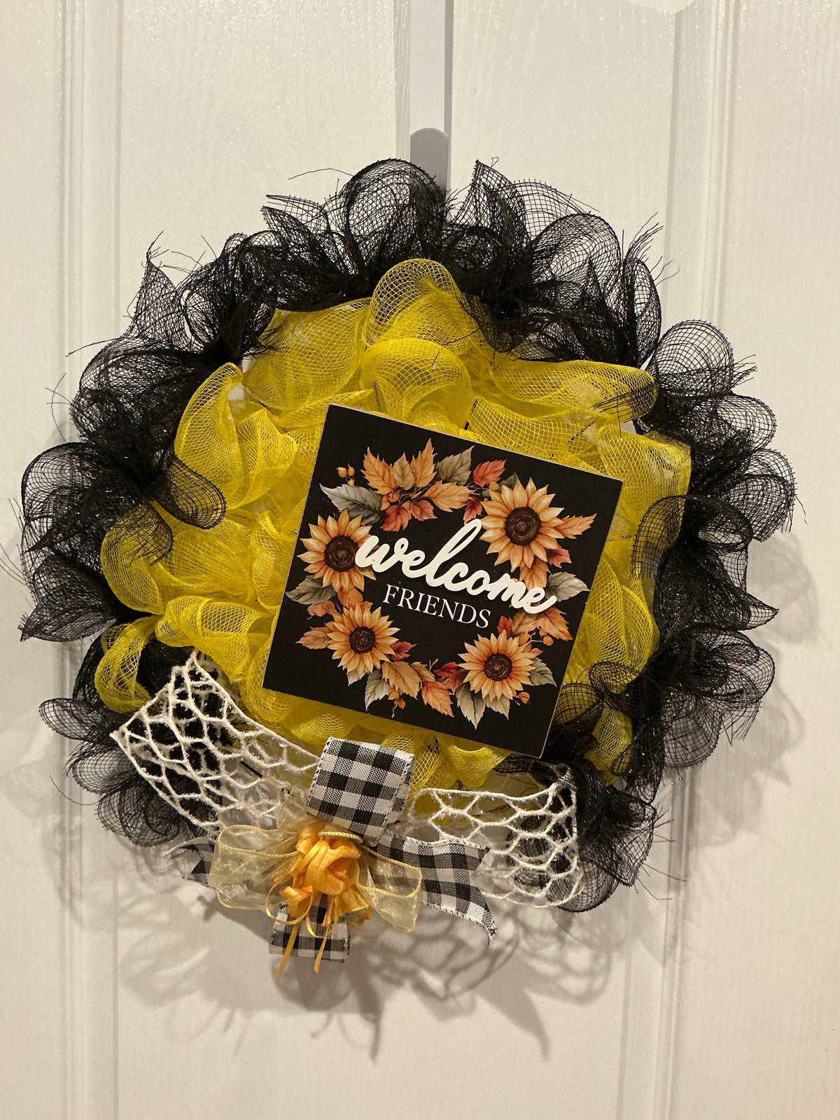 Sunflower Wreath, Black Yellow Buffalo Check, Summer Fall Door Decor