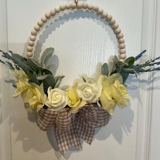 Handmade Yellow Rose Lambs Ear Wreath, Wooden Bead Ring, Spring Floral Decor