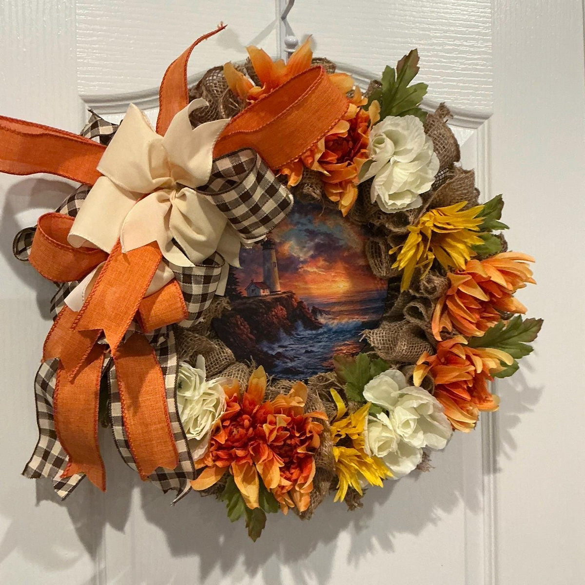 Lighthouse Sunset Coastal Wreath, 14 Inch Burlap Fall Door Decor
