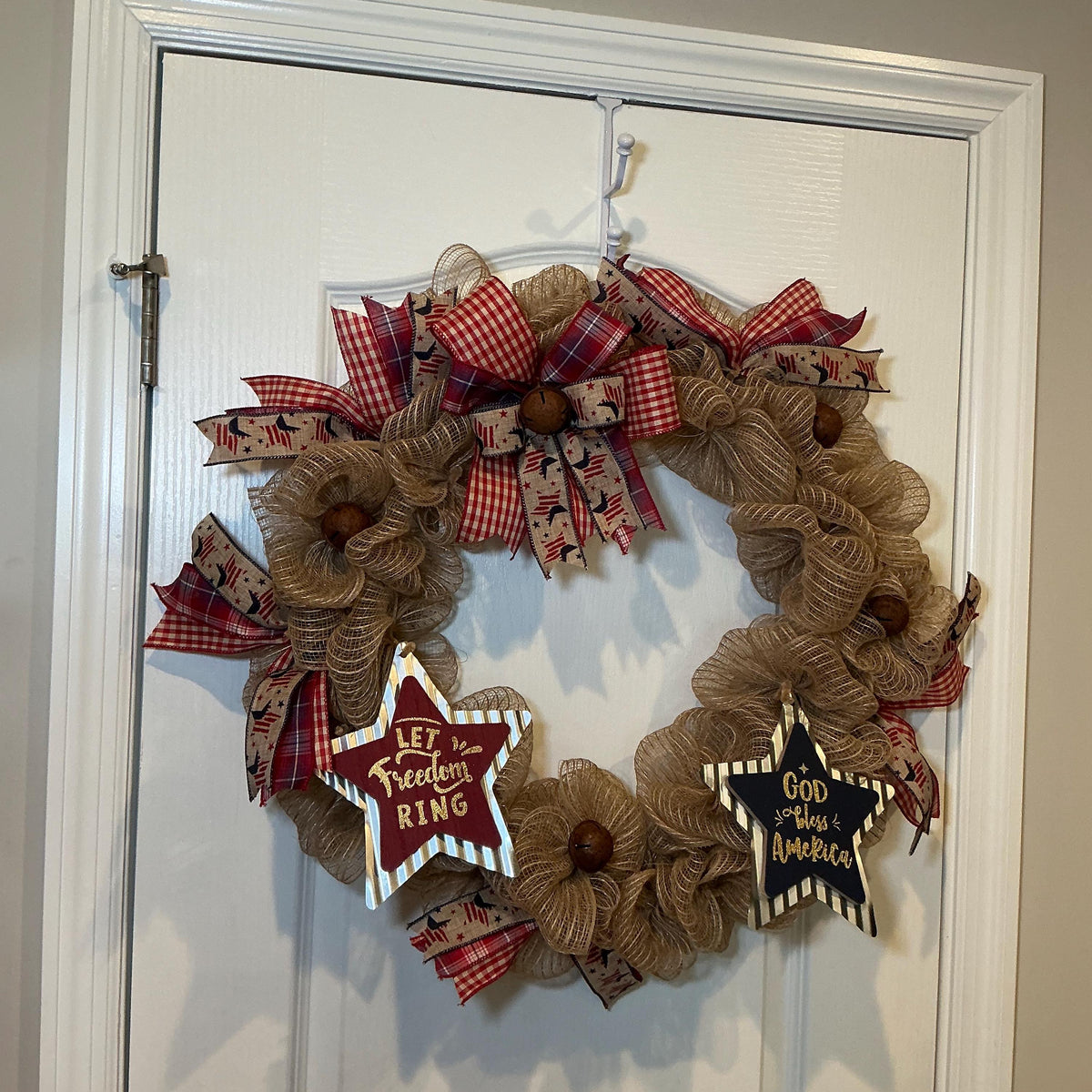Rustic Americana Front Door Wreath, Fourth of July Wreath, God Bless America, Let Freedom Ring, Burlap Farmhouse, Jingle Bells, 18 Inch