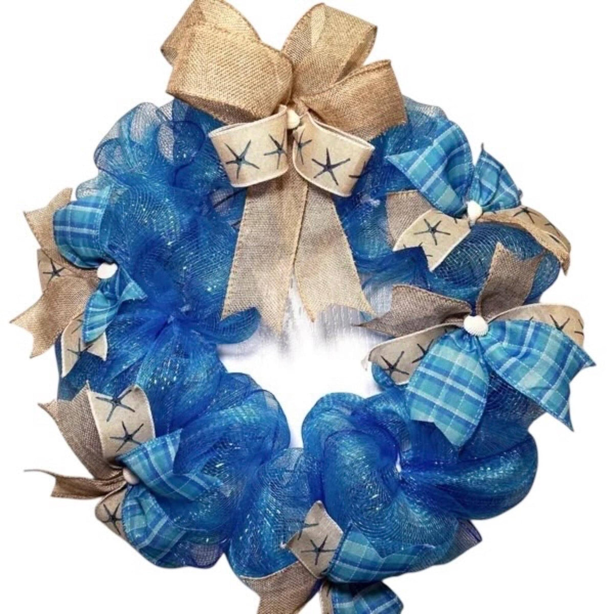 Blue Plaid Burlap Coastal Wreath, Starfish Beach Decor, Nautical Door Accent