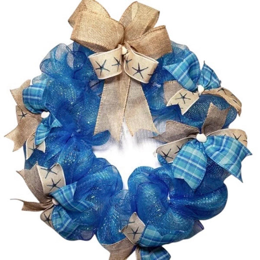 Blue Plaid Burlap Coastal Wreath, Starfish Beach Decor, Nautical Door Accent