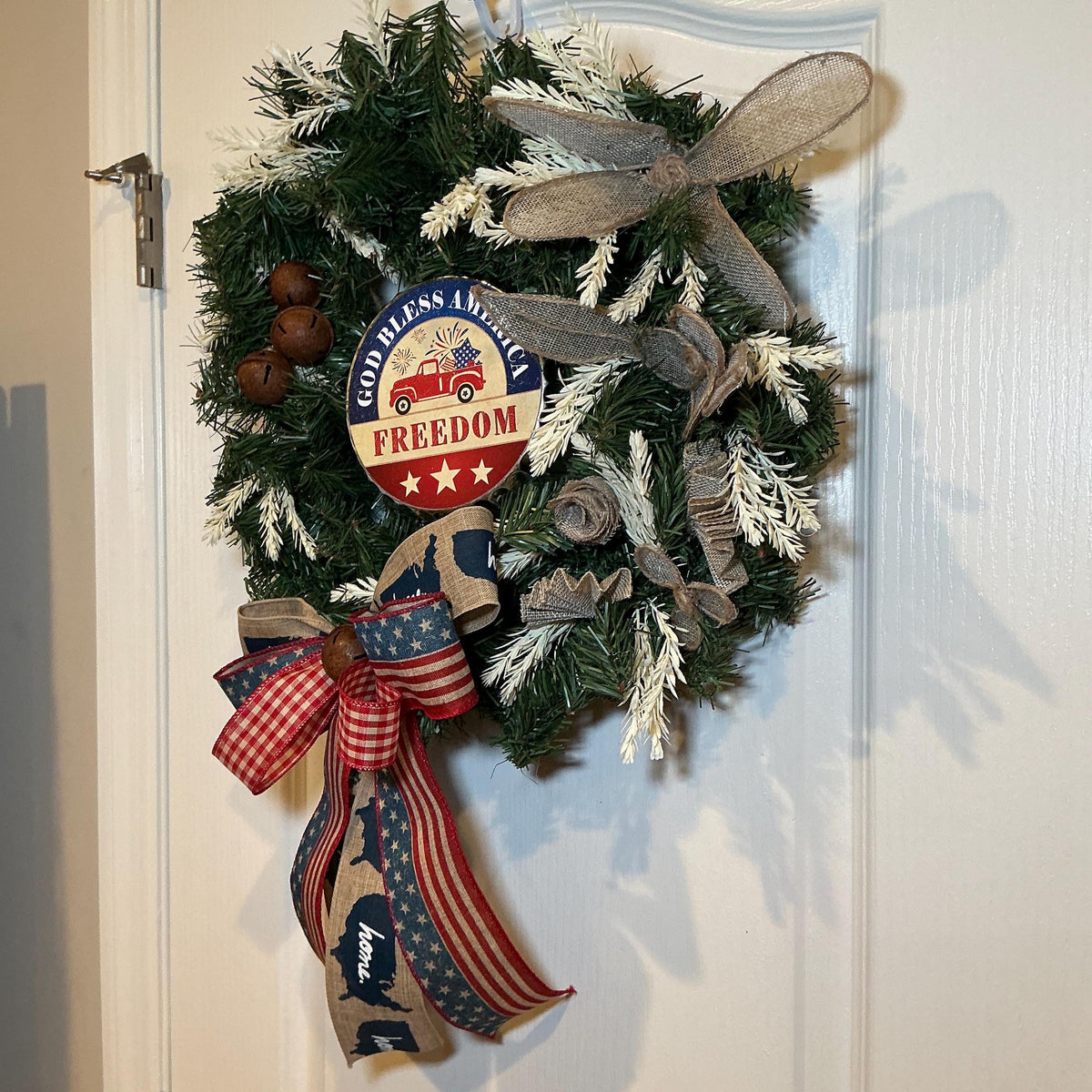 Red Truck Wreath, God Bless America Burlap Bow Rustic Farmhouse, Red White Blue Memorial Fourth of July Wreath