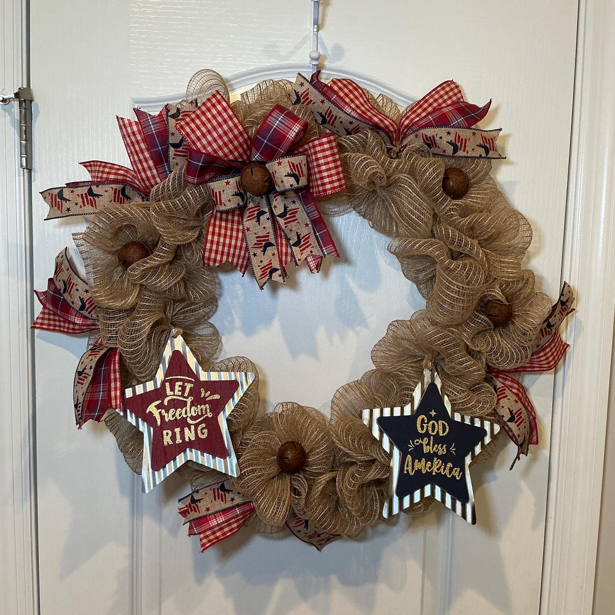 Rustic Americana Front Door Wreath, Fourth of July Wreath, God Bless America, Let Freedom Ring, Burlap Farmhouse, Jingle Bells, 18 Inch