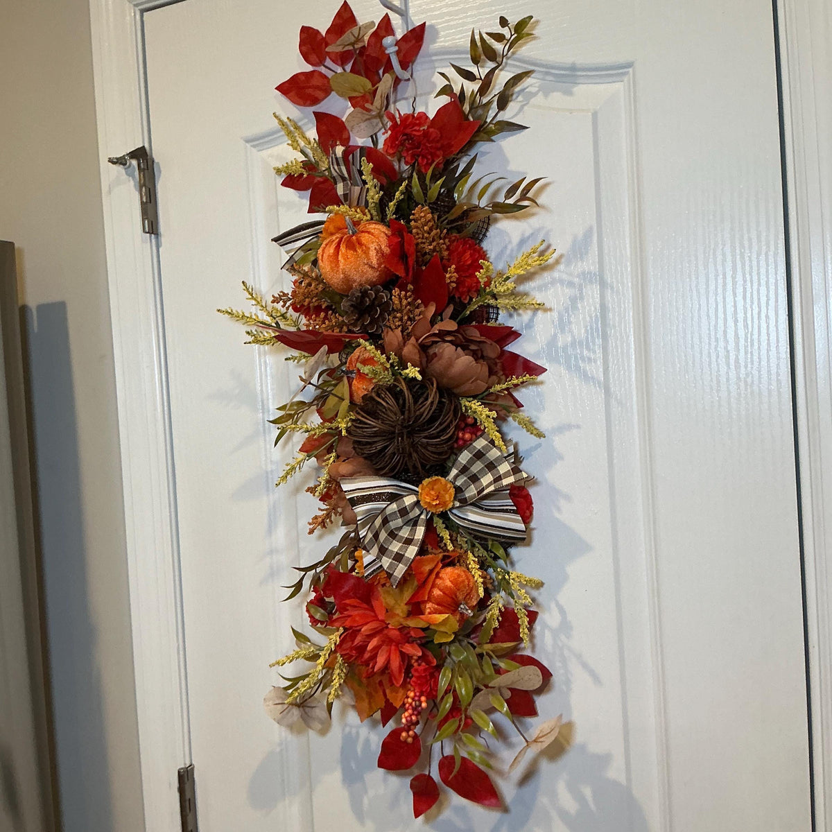 Pumpkin Fall Floral Swag, 28 Inch Buffalo Check Bow Door or Mantel Decor