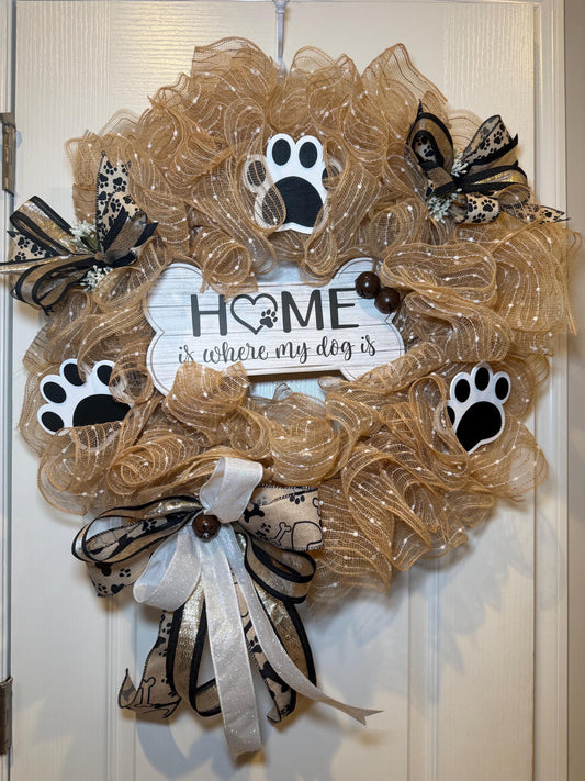 Home Is Where My Dog Is Wreath with Paw Prints, Farmhouse Dog Mom Door Decor