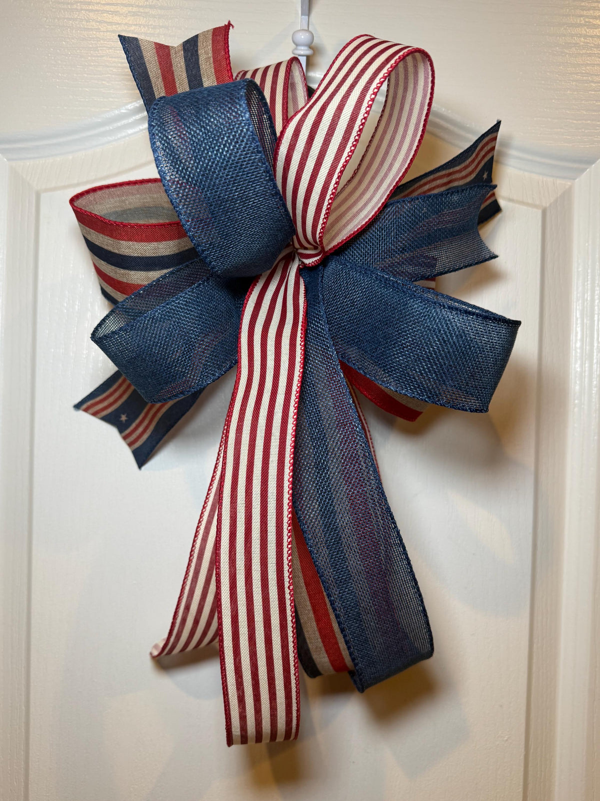 Patriotic Americana Bow, Red White Blue Wreath Decor, Lantern Topper