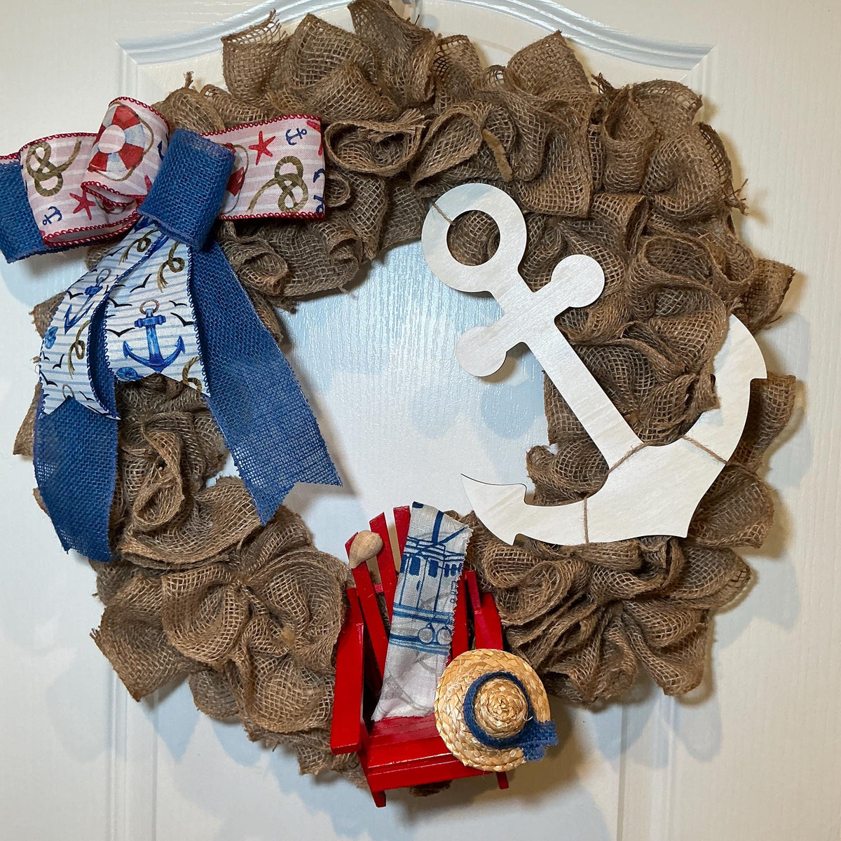 Coastal Burlap Wreath, Nautical Anchor, Adirondack Chair, Beach House Decor